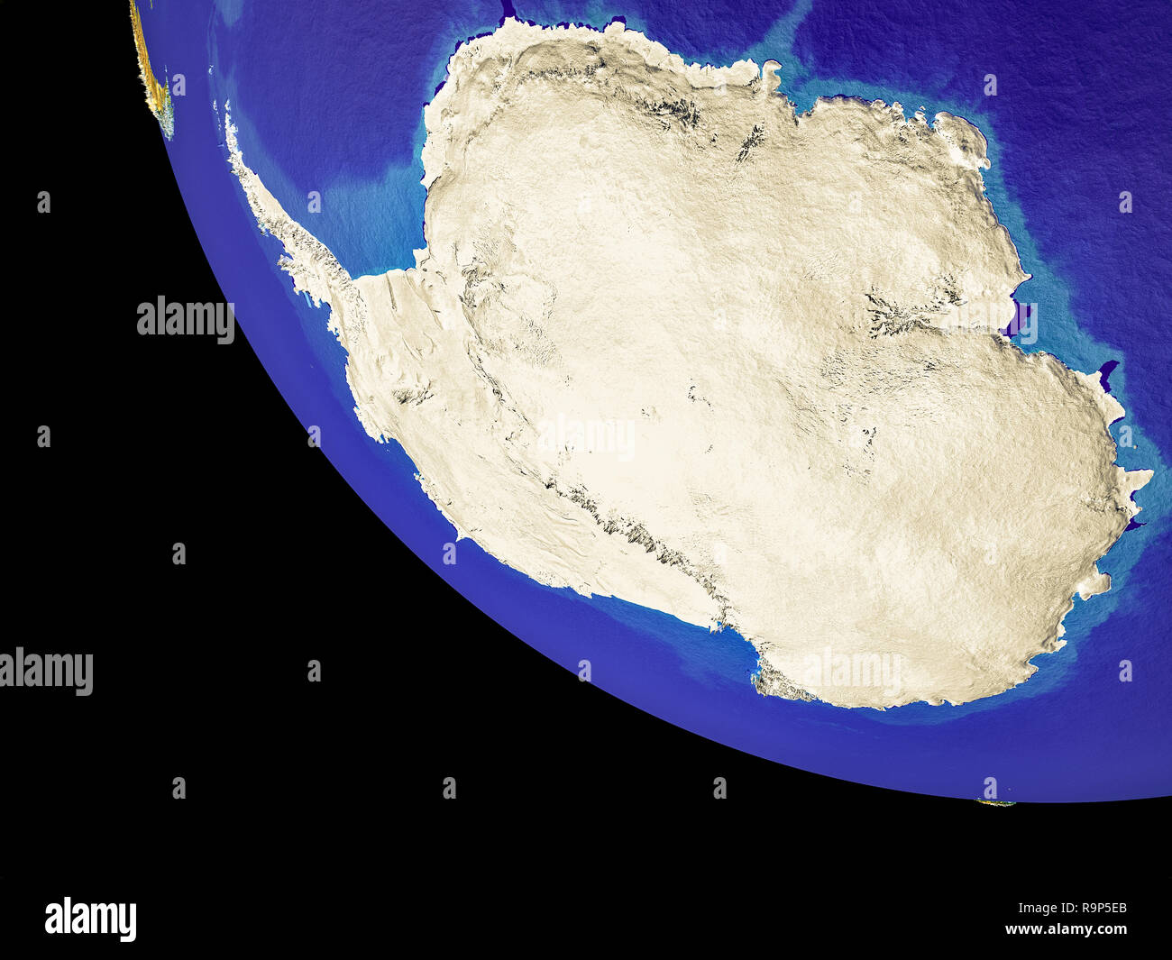 Antarktis vom Platz auf der Erde mit Ländergrenzen. Sehr detaillierte Plastic Planet Oberfläche und blaue Ozeane mit Wellen und Wellen. 3D-Darstellung. Ele Stockfoto