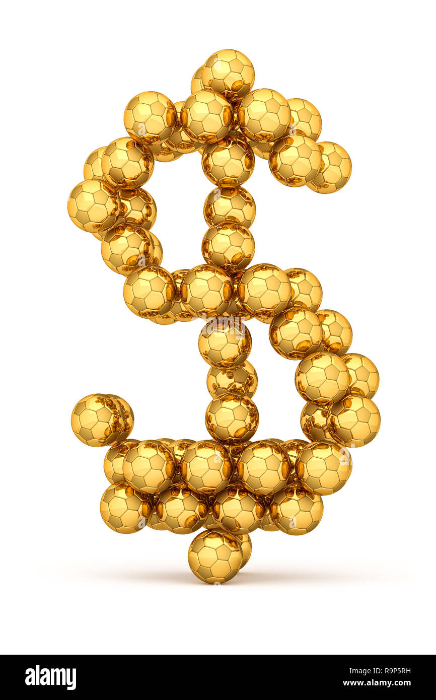 3D-Rendering: Golden Fußbälle bilden ein Dollarzeichen. Die großen Unternehmen in Sport, Fußball, Fußball. Auf weiß isoliert. Stockfoto