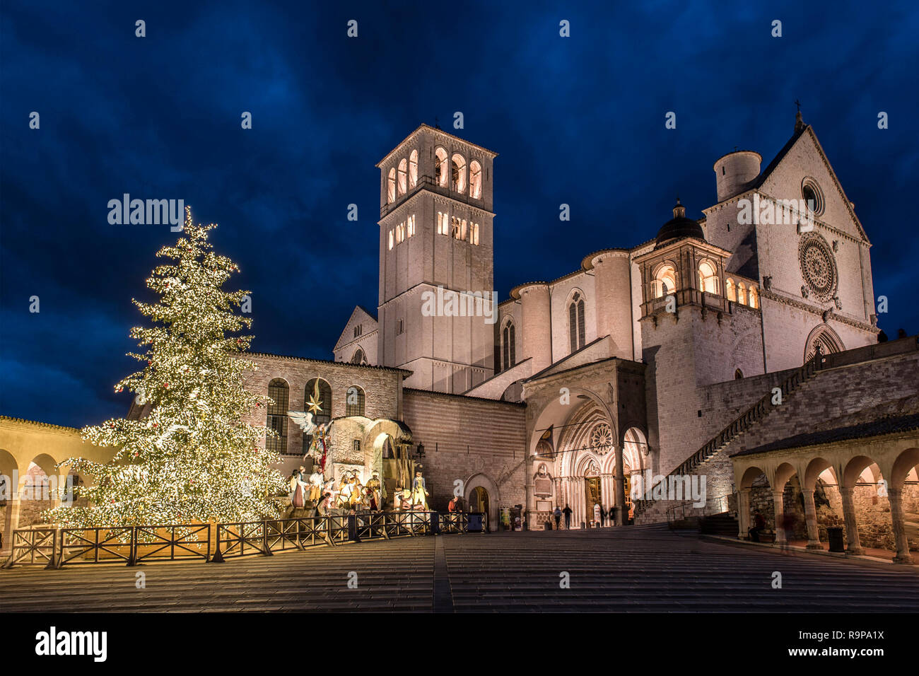 Assisi, Perugia, Umbrien, Italien. Weihnachten Krippe und den großen Weihnachtsbaum vor der Basilika San Francesco d'Assisi Stockfoto