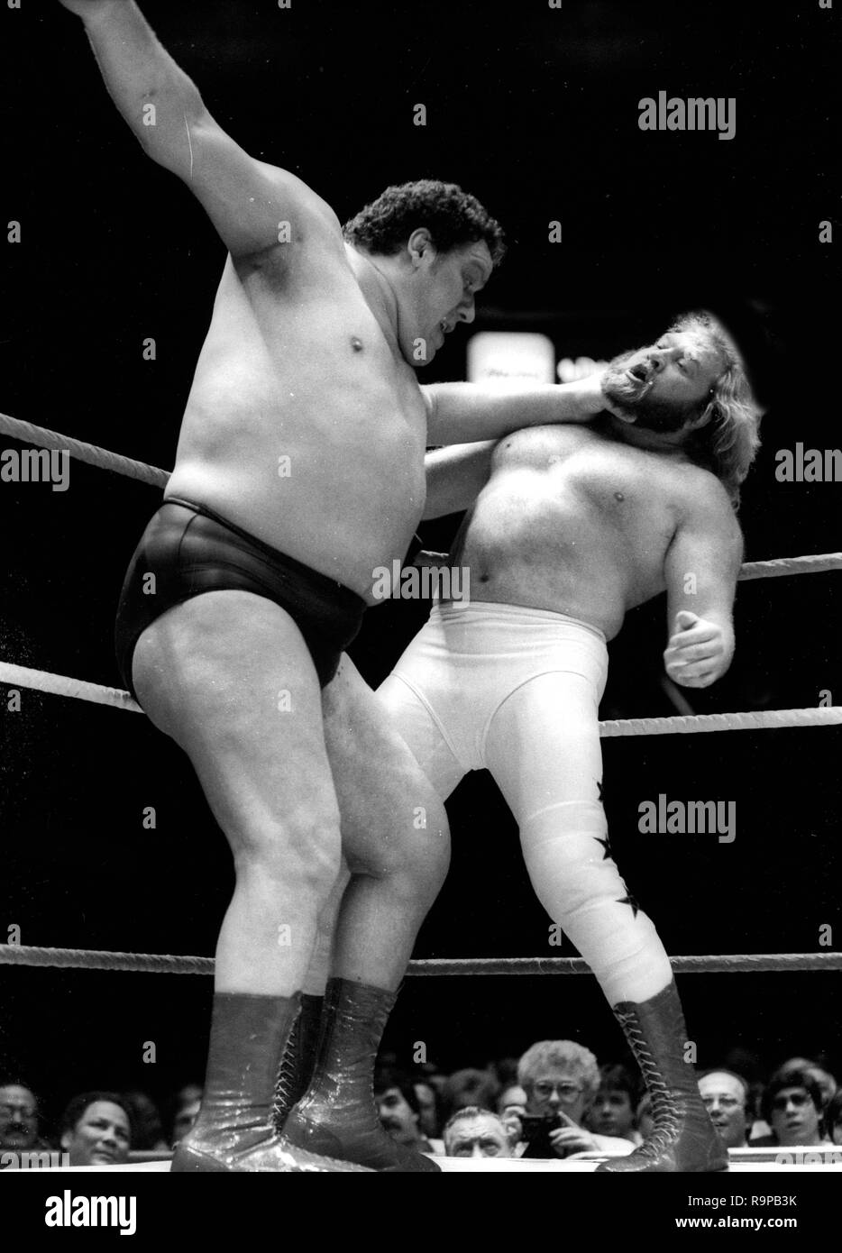 Andre der Riese vs. Big John Studd bei WWE Wrestlemania 1 im Madison Square Garden in New York City am 31. März 1985. Foto von Adam Schädel/PHOTOlink/MediaPunch Stockfoto