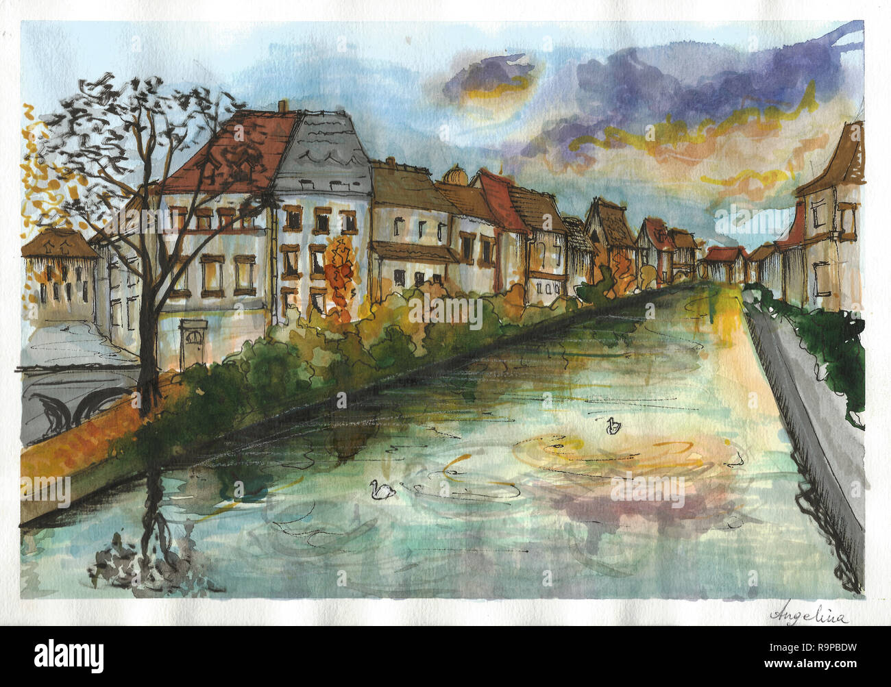 Die Stadt Straßburg. Aquarell mit Markern Artwork. Frankreich. Stockfoto