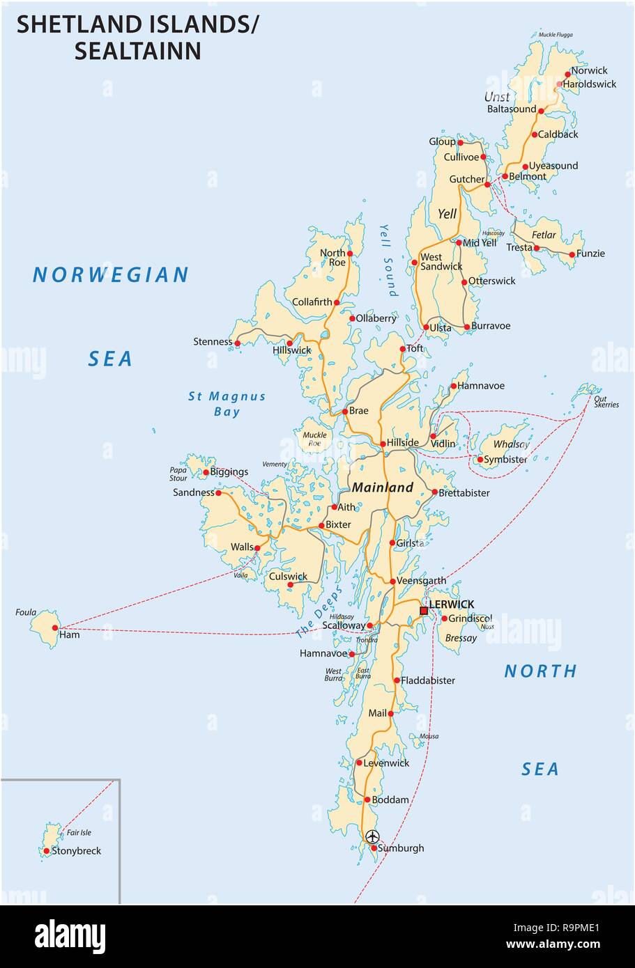 Shetland Inseln road map, Schottland, Vereinigtes Königreich Stock Vektor