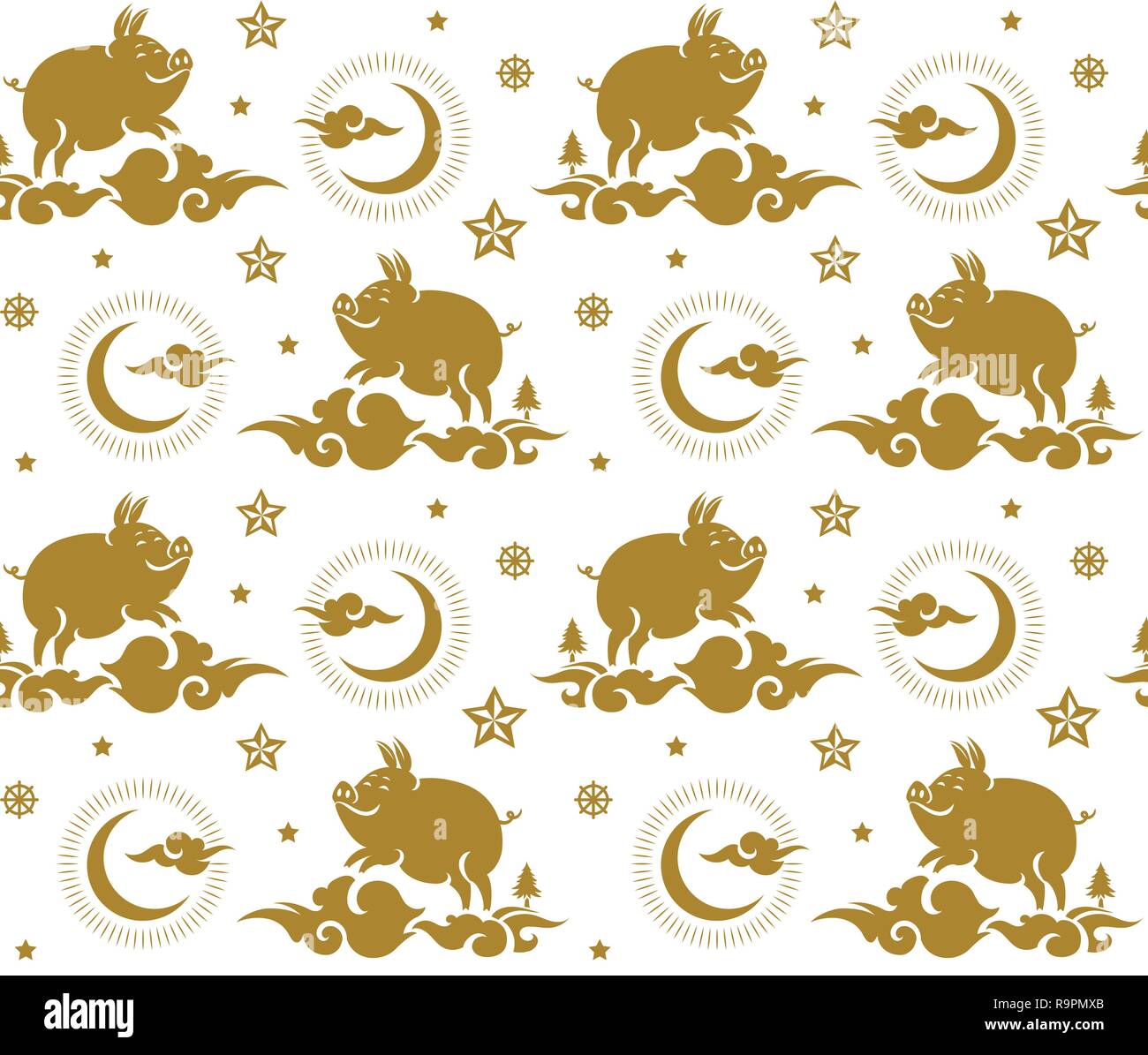 Nahtlose Muster mit goldenen Schwein. Neues Jahr vector Hintergrund. Stock Vektor