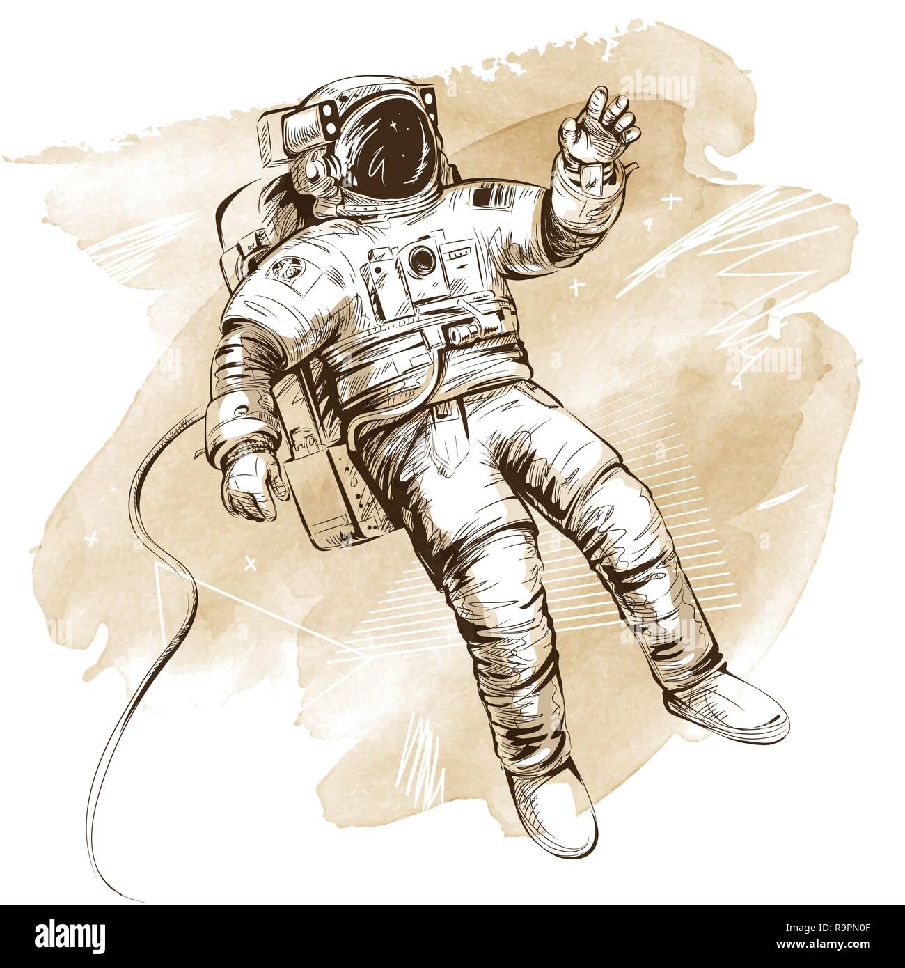 Kosmonaut oder Astronaut im Raumanzug. Hand Vector Illustration auf künstlerische Aquarell Hintergrund gezeichnet. Alle Elemente isoliert. Stock Vektor