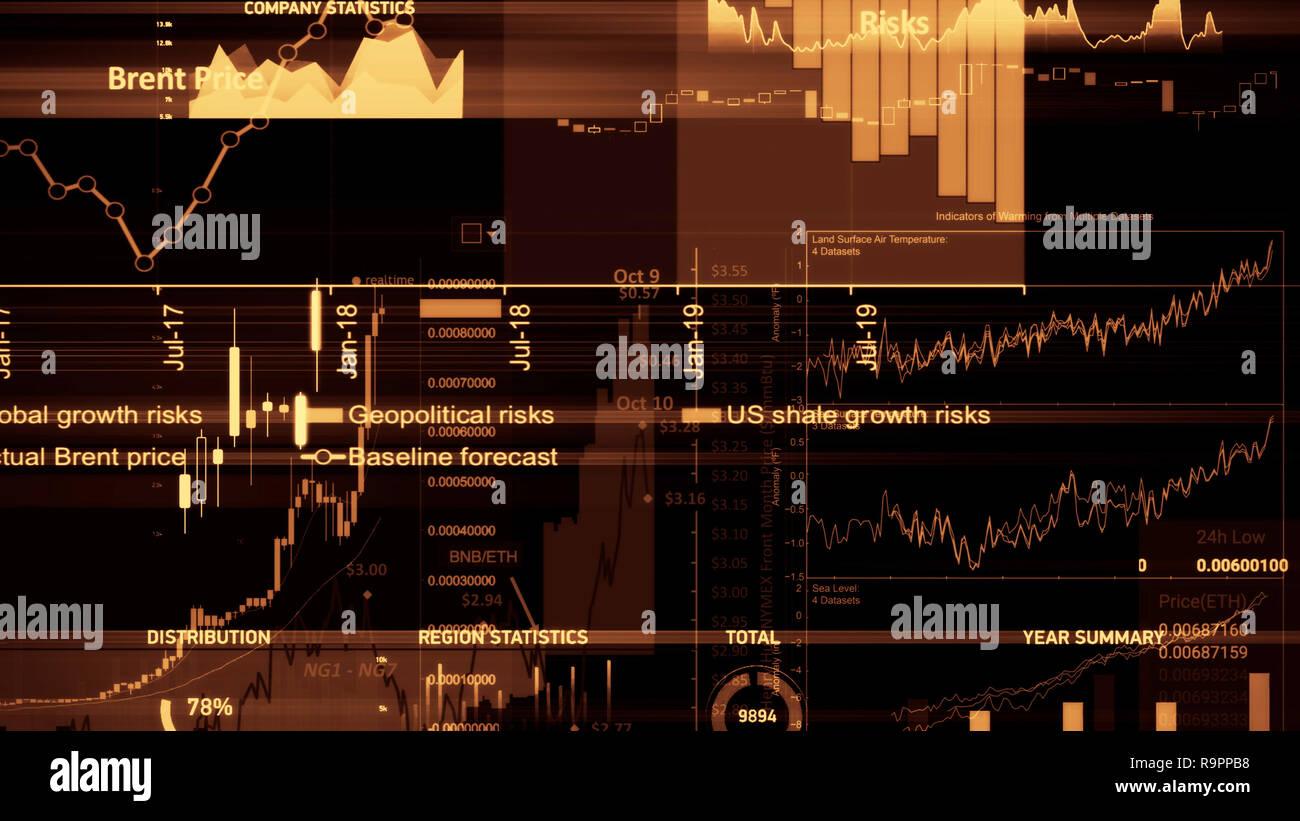 3D-Rendering von Aktienindizes im virtuellen Raum. Wirtschaftswachstum, Rezession. Elektronische virtuelle Plattform zeigen Trends und Börsefluktuationen Stockfoto