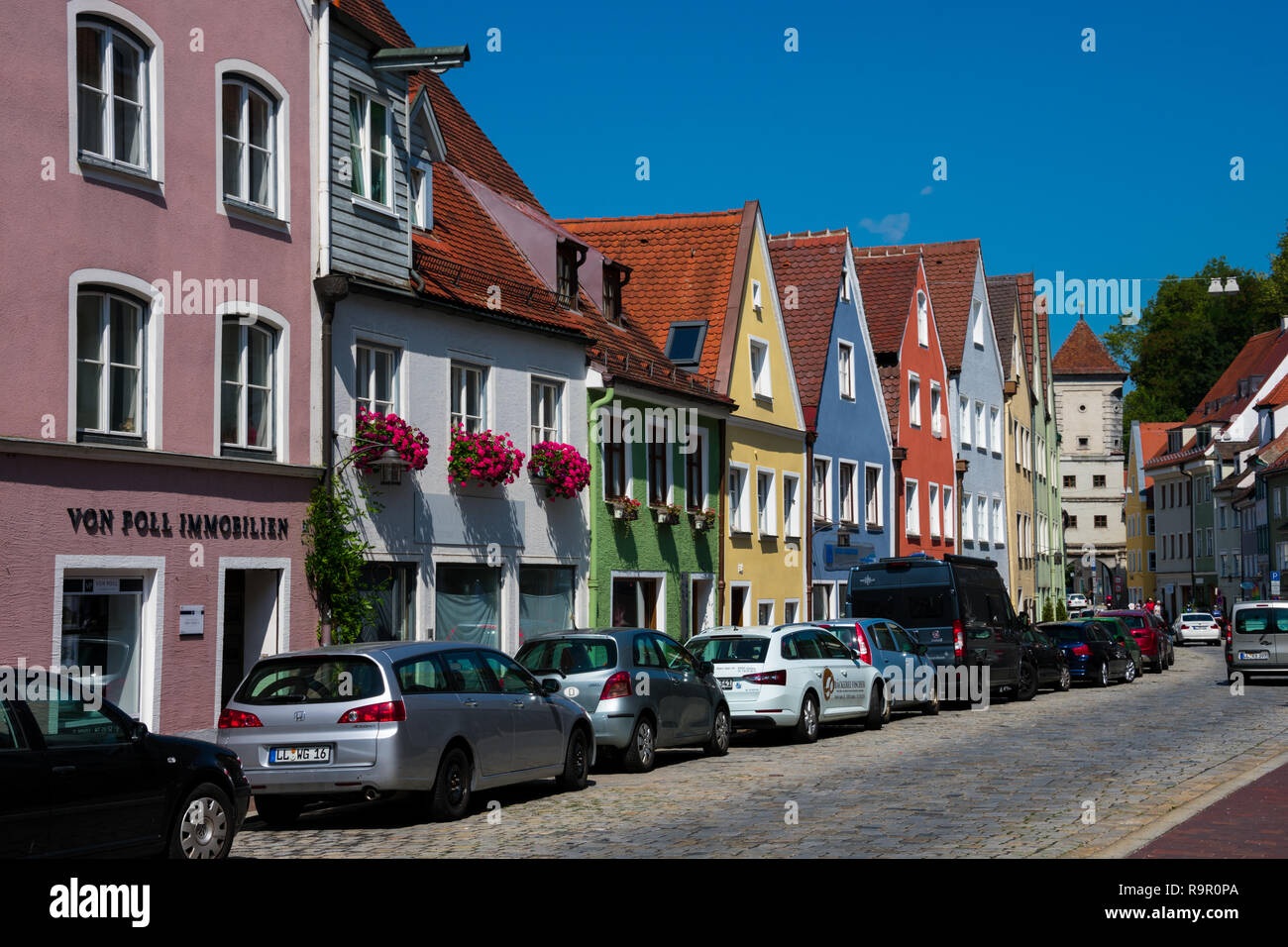 Landsberg am Lech, Deutschland. August 22, 2018. Bunte Häuser, historische Altstadt Stockfoto