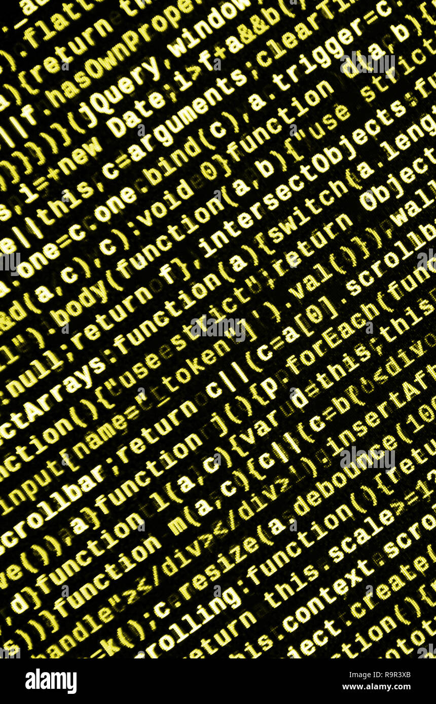 Javascript Funktionen, Variablen, Objekte. Monitor Nahaufnahme der Funktion Source Code. IT-Arbeitsplatz. Große Daten- und Internet der Dinge Trend. HTM Stockfoto