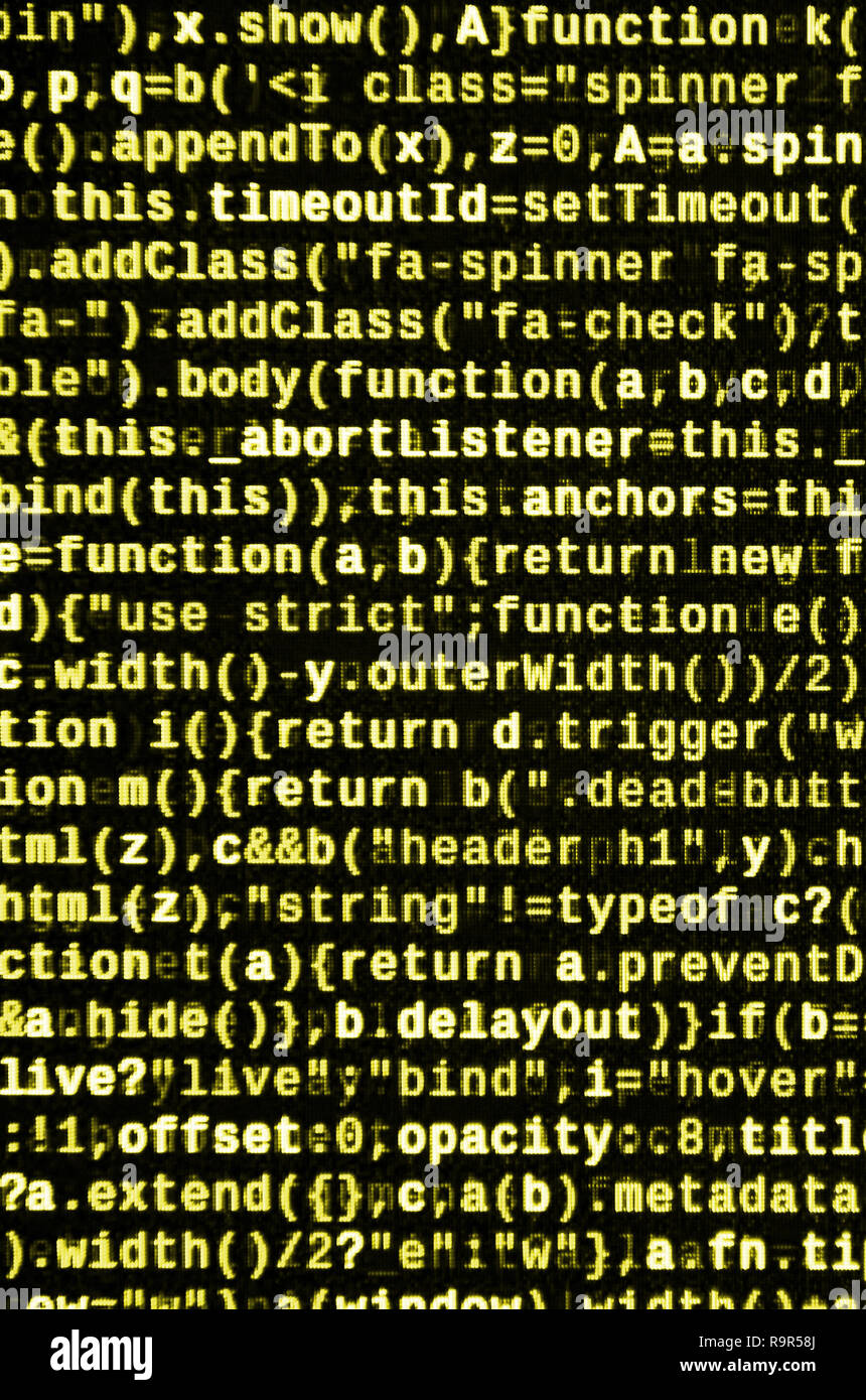 Javascript Funktionen, Variablen, Objekte. Monitor Nahaufnahme der Funktion Source Code. IT-Arbeitsplatz. Große Daten- und Internet der Dinge Trend. HTM Stockfoto
