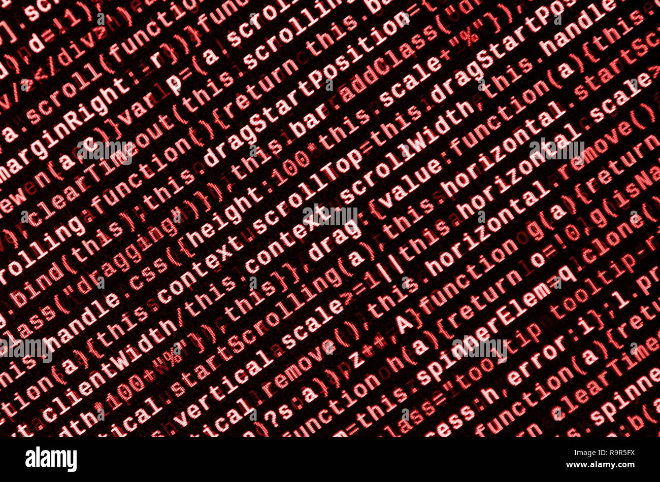 Javascript Funktionen, Variablen, Objekte. Monitor Nahaufnahme der Funktion Source Code. IT-Arbeitsplatz. Große Daten- und Internet der Dinge Trend. HTM Stockfoto