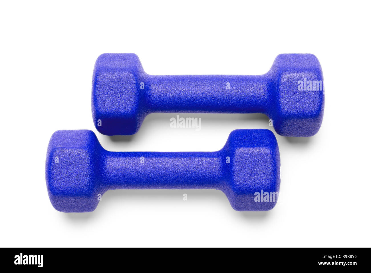 Zwei blaue Kurzhanteln auf weißem Hintergrund, Ansicht von oben. Clipping path, außer den Schatten, ist im Preis inbegriffen. Stockfoto