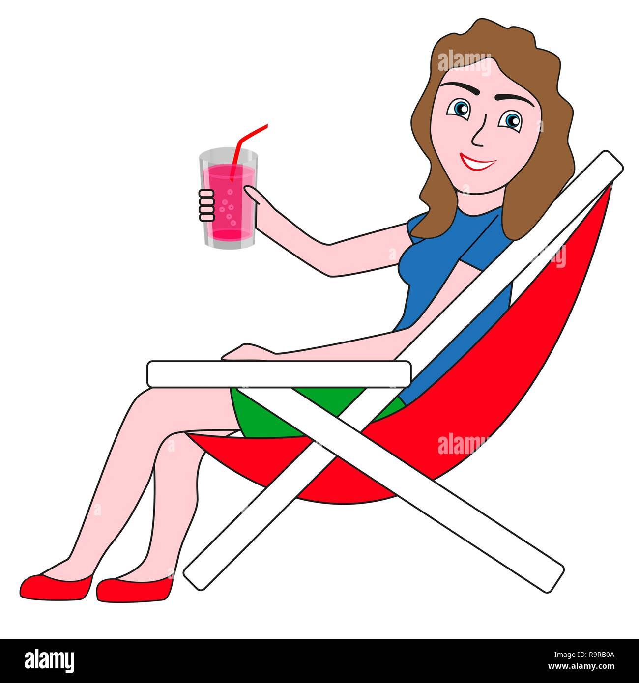 Süße Mädchen ruht auf einer Sonnenliege und Früchte spritziger Cocktail zu trinken. Stock Vektor