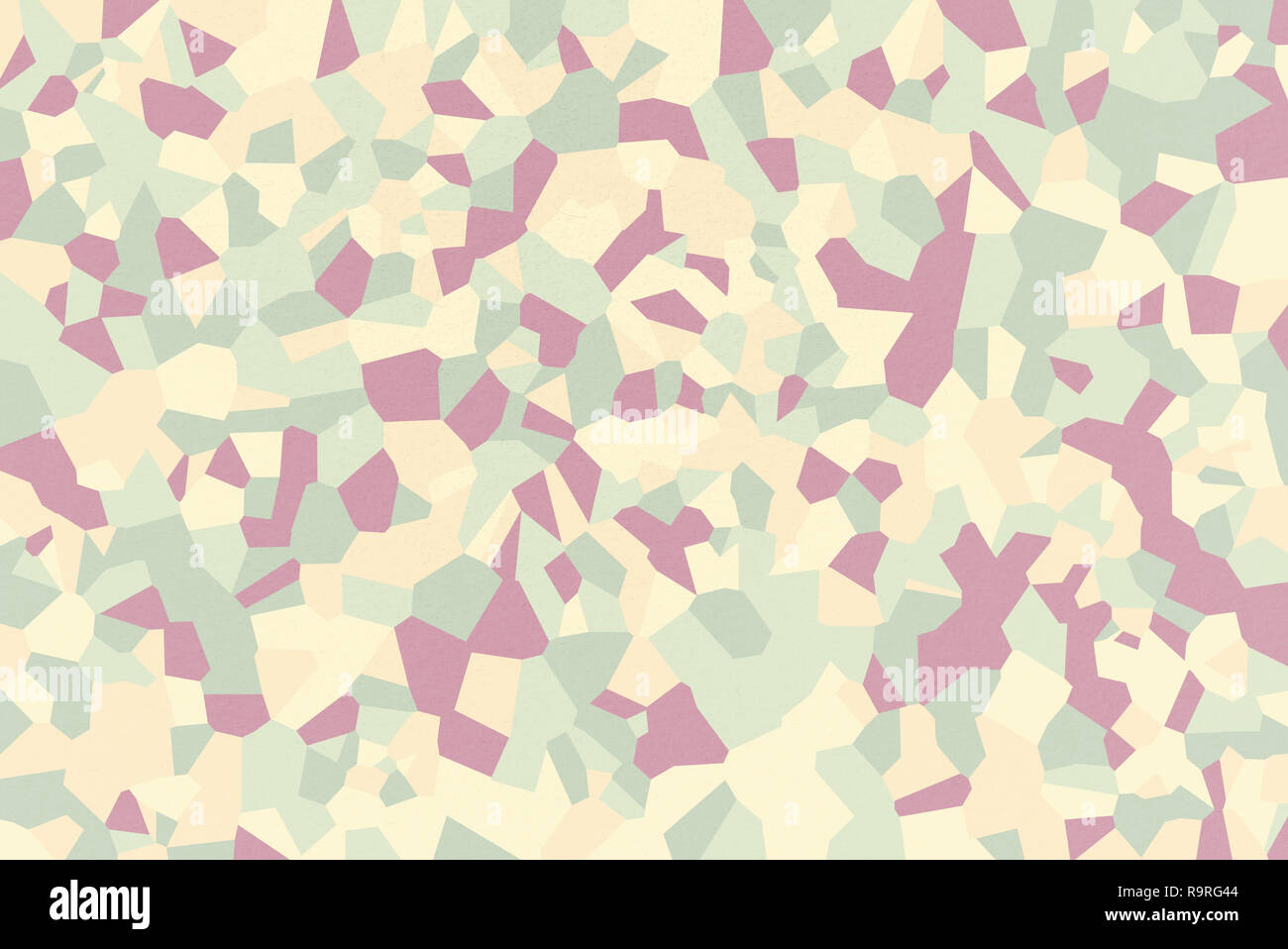 Gelb Grün Mosaik von abstrakten geometrischen Formen mit China Rose, Medium Champagner, Salbei, Peach-Orange, dunkle Meer grün Farben, aquarell papier Text Stockfoto