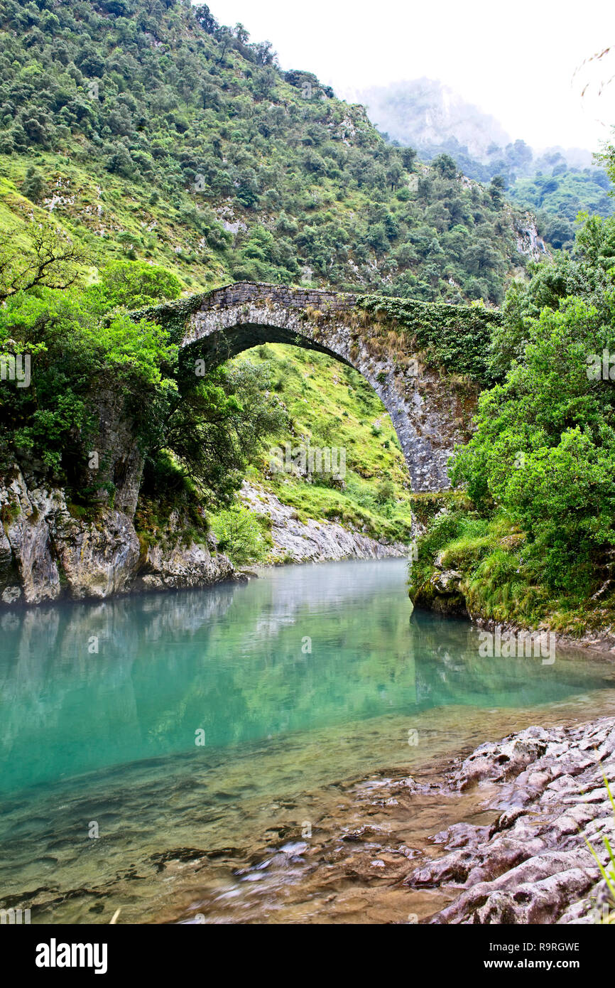 Römische Brücke über den Fluss kümmert (Puente Romano de La Vidre), Trescares, Asturien, Spanien Stockfoto