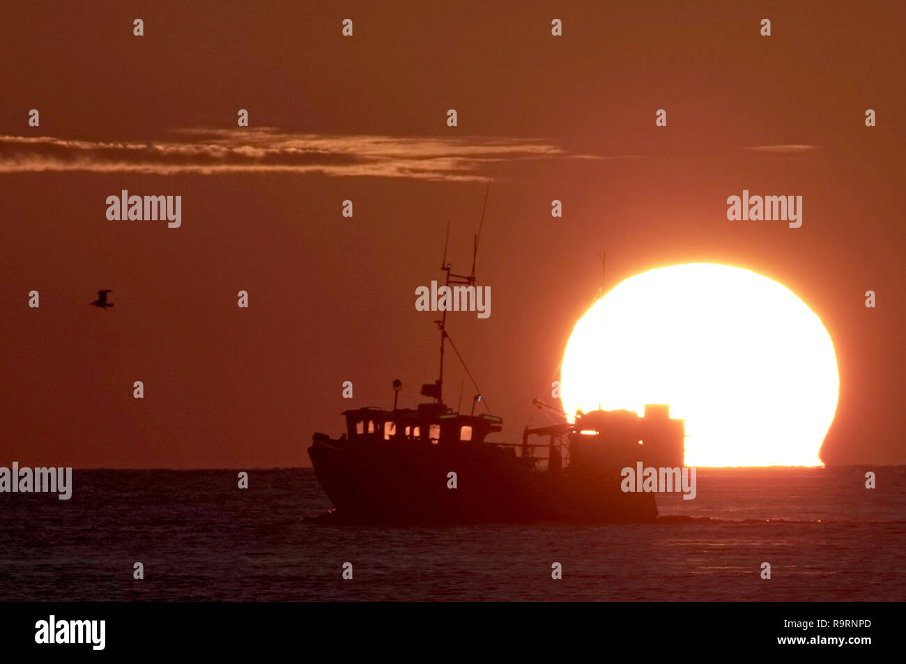 Portland, Dorset, Großbritannien. 27. Dez 2018. UK Wetter: Fischerboot bei Sonnenuntergang, Portland, Dorset Credit: Finnbarr Webster/Alamy leben Nachrichten Stockfoto