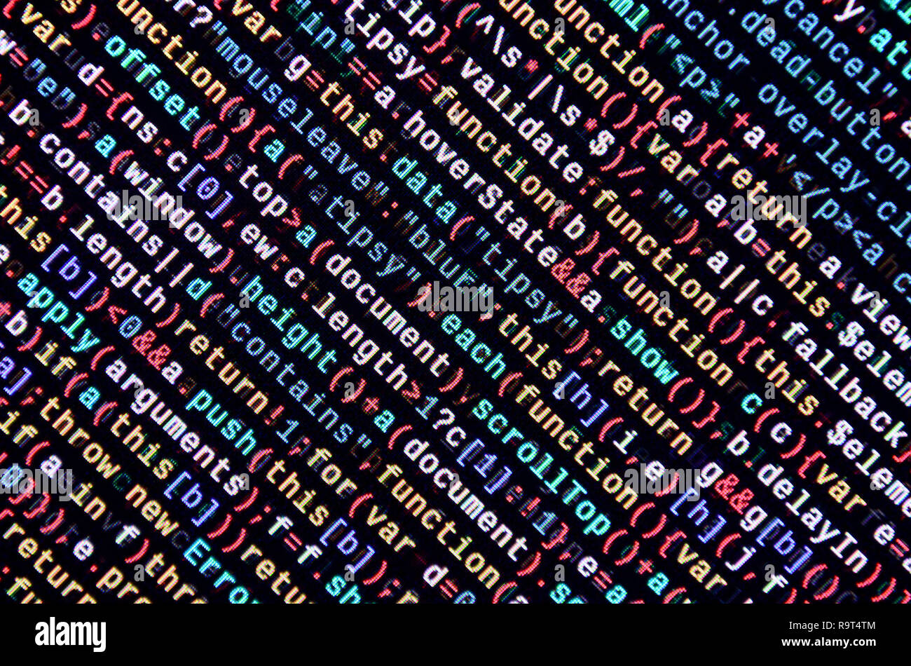 Javascript Funktionen, Variablen, Objekte. Monitor Nahaufnahme der Funktion Source Code. IT-Arbeitsplatz. Große Daten- und Internet der Dinge Trend. HTM Stockfoto