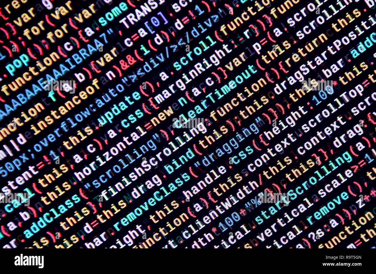 Javascript Funktionen, Variablen, Objekte. Monitor Nahaufnahme der Funktion Source Code. IT-Arbeitsplatz. Große Daten- und Internet der Dinge Trend. HTM Stockfoto