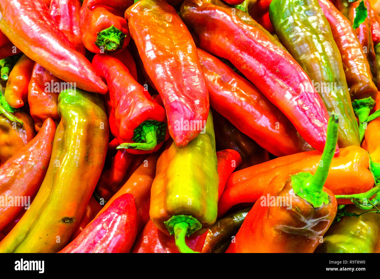 Paprika auf Bauernmarkt auf Gemüsemarkt, Palma de Mallorca, Spanien Stockfoto