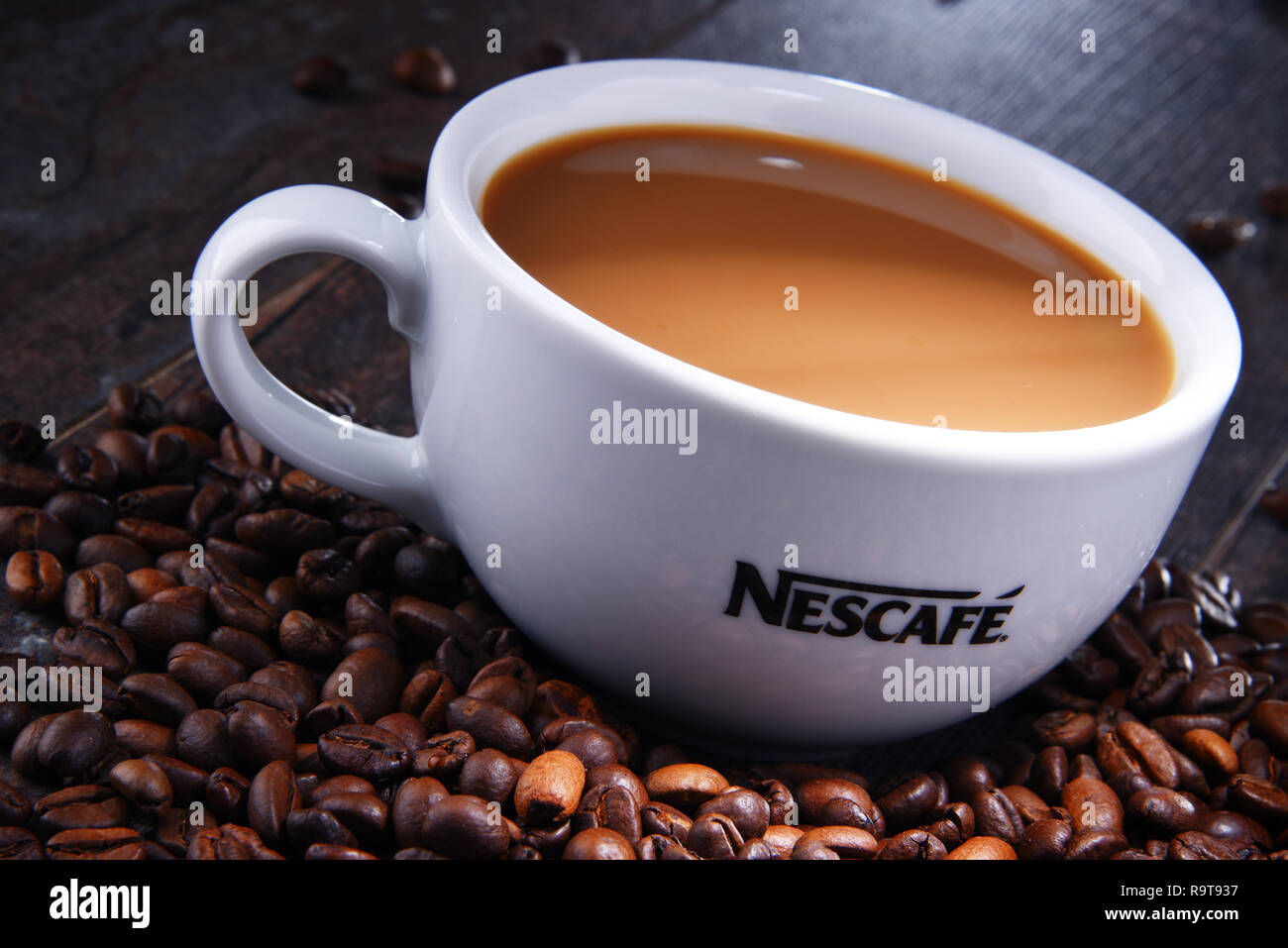 POZNAN, Polen - Aug 3, 2018: Tasse Nescafe Kaffee, eine Marke der Schweizer Kaffee von Nestle, im Jahr 1938 eingeführten Stockfoto