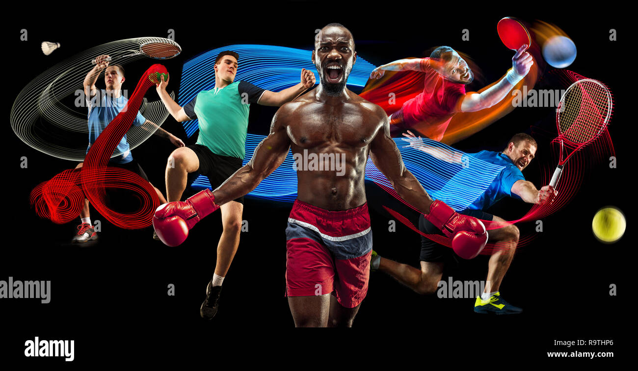 Angriff. Sport Collage über Badminton, Tennis, Boxen und Handball Spieler auf Schwarz Stockfoto