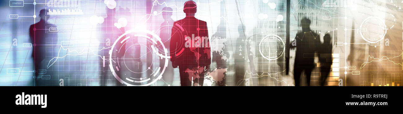 Business digitale Schnittstelle mit Grafiken, Diagramme, Symbole und Timeline auf verschwommenen Hintergrund. Website header Banner. Stockfoto