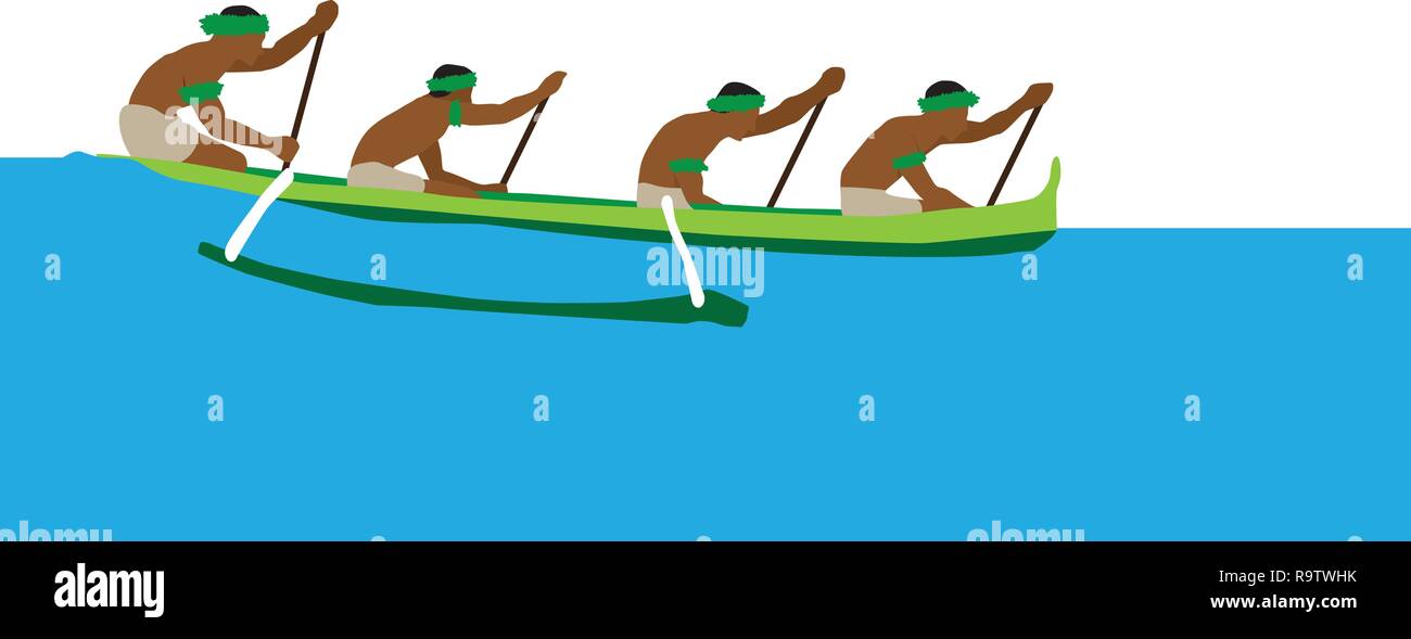 Vier Personen in einem traditionellen Hawaiianischen Outrigger Kanu auf dem Ozean Stock Vektor