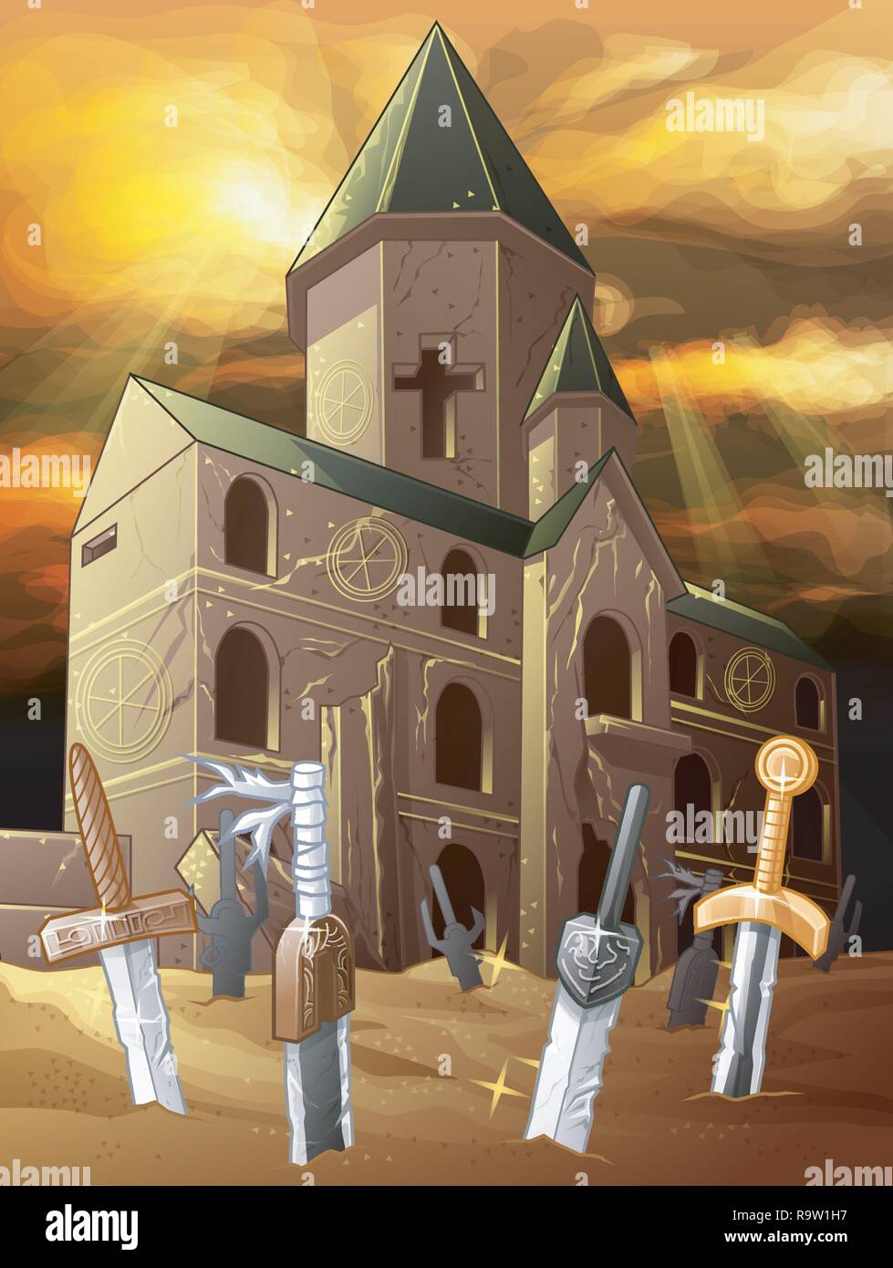 Alte Kapelle von Dawn mit Schwertern auf Wüste. Stock Vektor