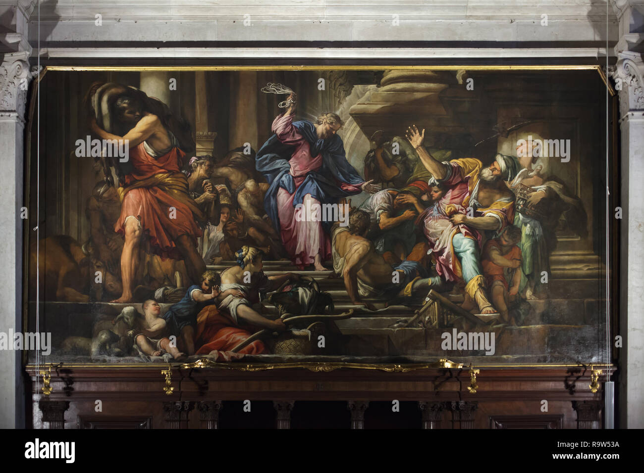 Gemälde "Christus vertreibt die Händler aus dem Tempel" von italienischen Barock Maler Giovanni Antonio Fumiani (1678) in der Kirche von Saint Roch (Chiesa di San Rocco) in Venedig, Italien. Stockfoto