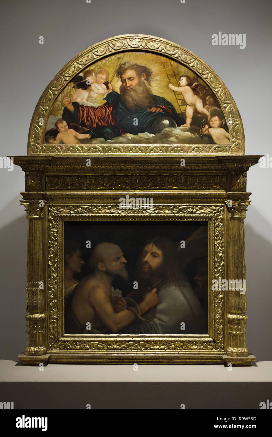 Gemälde "Christus trägt das Kreuz" ("Ecce Homo") durch die italienische Renaissance Maler Giorgione oder wahrscheinlich von Tizian (1505) auf die Anzeige in der Scuola Grande di San Rocco in Venedig, Italien. Stockfoto