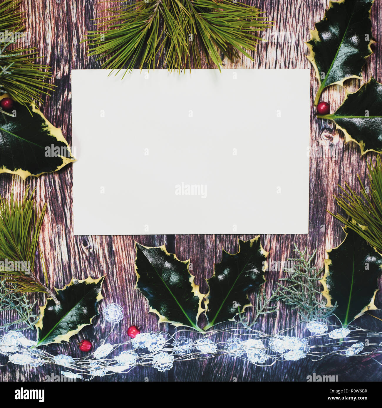 Holly, Holz und Weihnachtsbeleuchtung Schuß für Kopie Raum über dem Kopf Bild ideal für Text über für Verkaufs- oder Poster mit leeren weißen Bekanntmachung legen Stockfoto