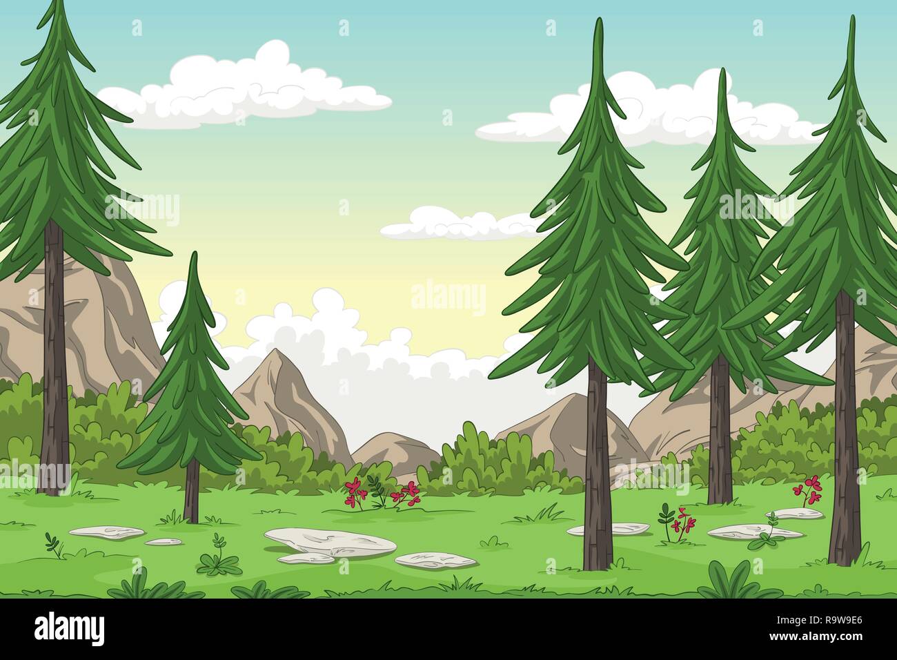 Cartoon Sommer Landschaft Mit Bergen Hand Zeichnen Abbildung Stock Vektorgrafik Alamy