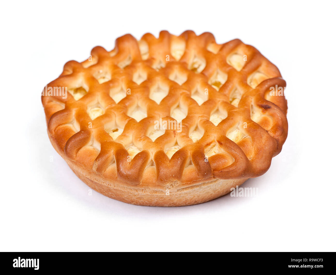 Großes Cottage cheese Pie isoliert auf weißem Stockfoto