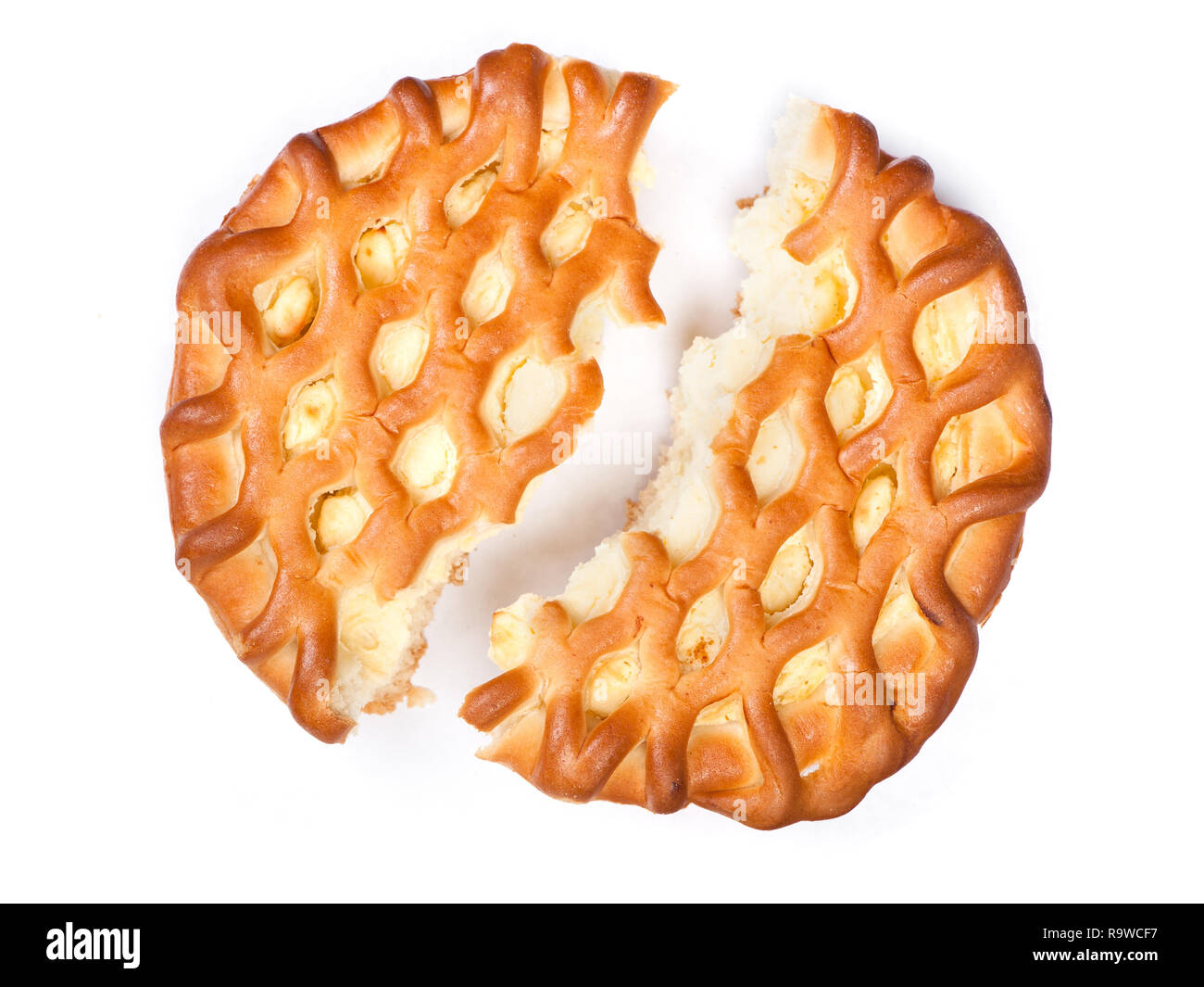 Stück großes Cottage cheese Pie isoliert auf weißem Stockfoto