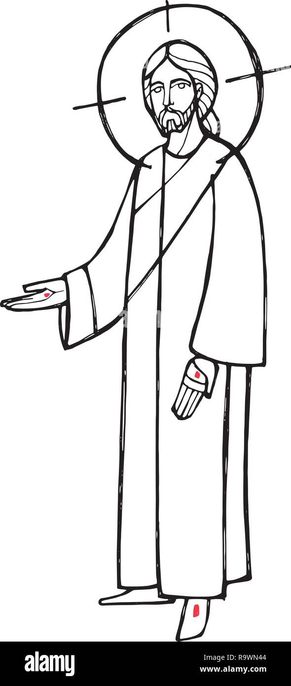 Hand vector Abbildung oder Zeichnung von Jesus Christus mit offenen Händen gezogen Stock Vektor