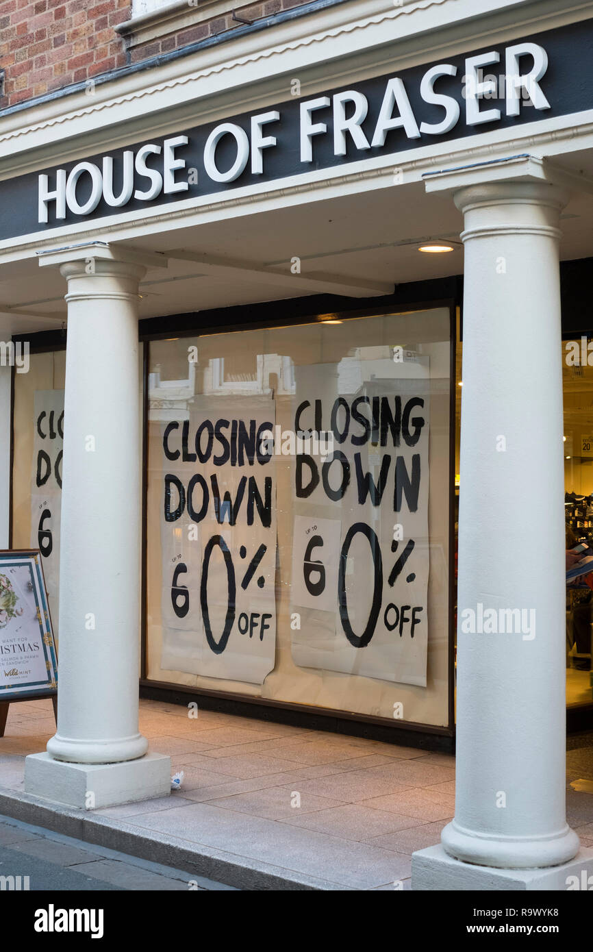 Die Außenseite des House of Fraser store mit Schließung Hinweise in Shrewsbury, Shropshire, England, Großbritannien Stockfoto