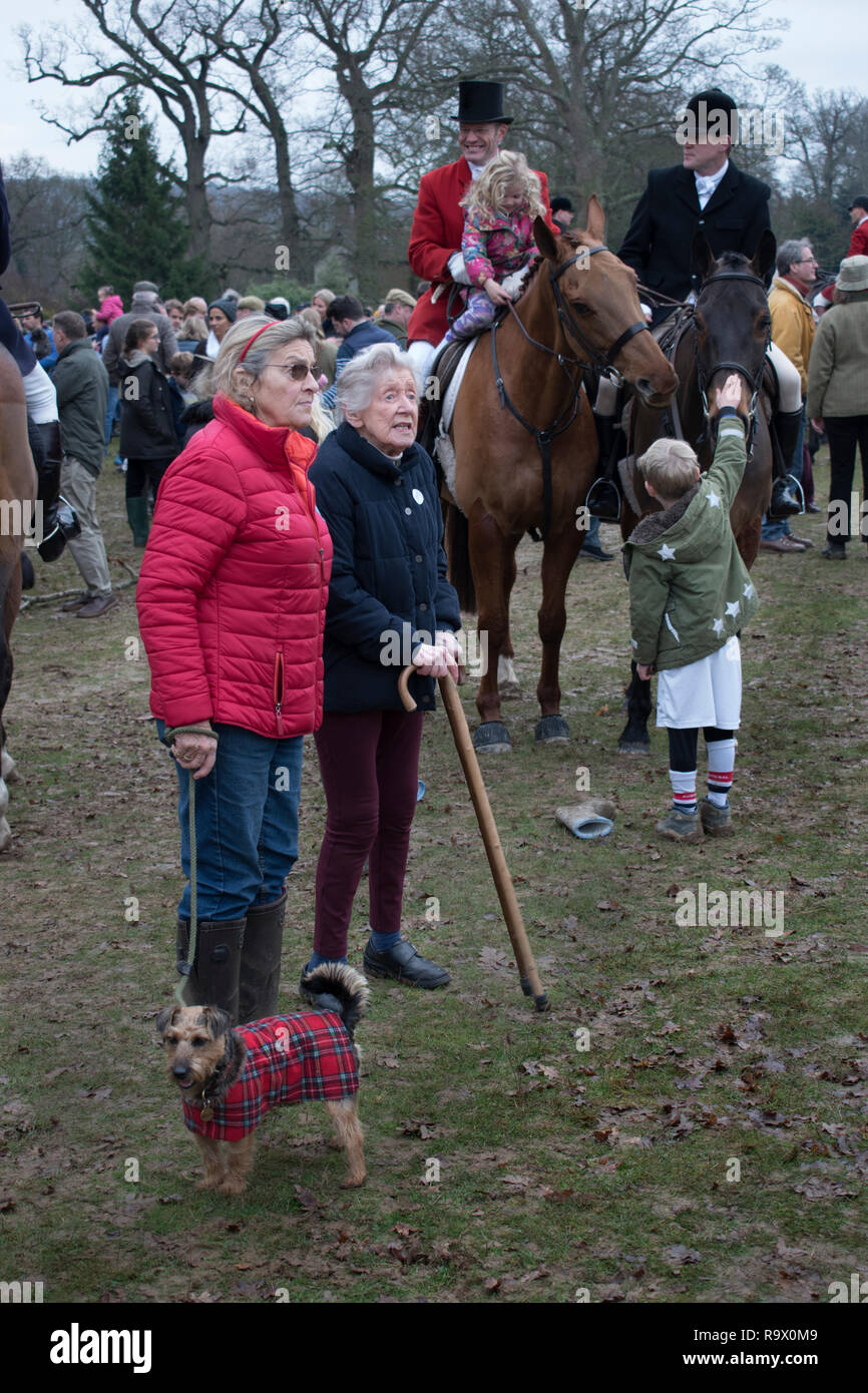 Ältere ältere ältere ältere Frauen aus der oberen Klasse besuchen ein traditionelles Fuchsjagdtreffen am zweiten Weihnachtsfeiertag in Petworth Sussex 2018. Sie sind Jäger-Anhänger HOMER SYKES Stockfoto