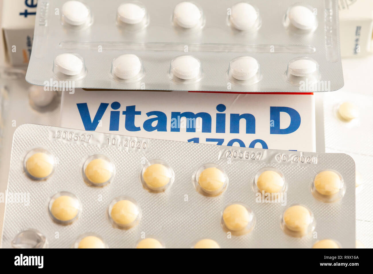 Vitamin-D-Tabletten Packs, die Vorbereitung soll die Vitamin-D-Mangel zu ergänzen, indem geringer Sonneneinstrahlung, zum Beispiel im Winter, Stockfoto