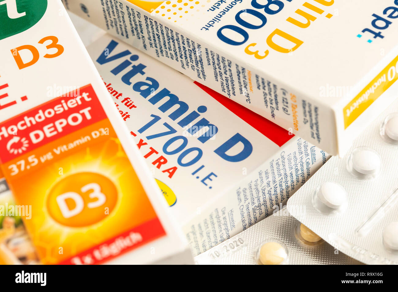 Vitamin-D-Tabletten Packs, die Vorbereitung soll die Vitamin-D-Mangel zu ergänzen, indem geringer Sonneneinstrahlung, zum Beispiel im Winter, Stockfoto