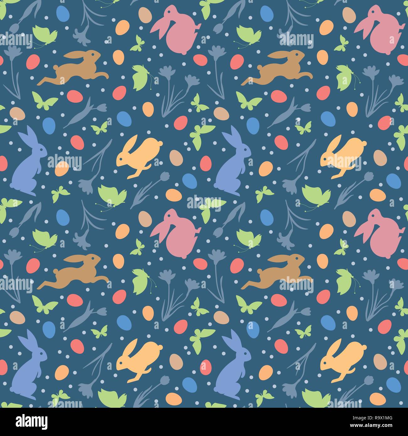 Osterferien nahtlose Vektor Muster mit Hasen, Blumen, Schmetterlinge und Eier auf blauem Hintergrund Stock Vektor
