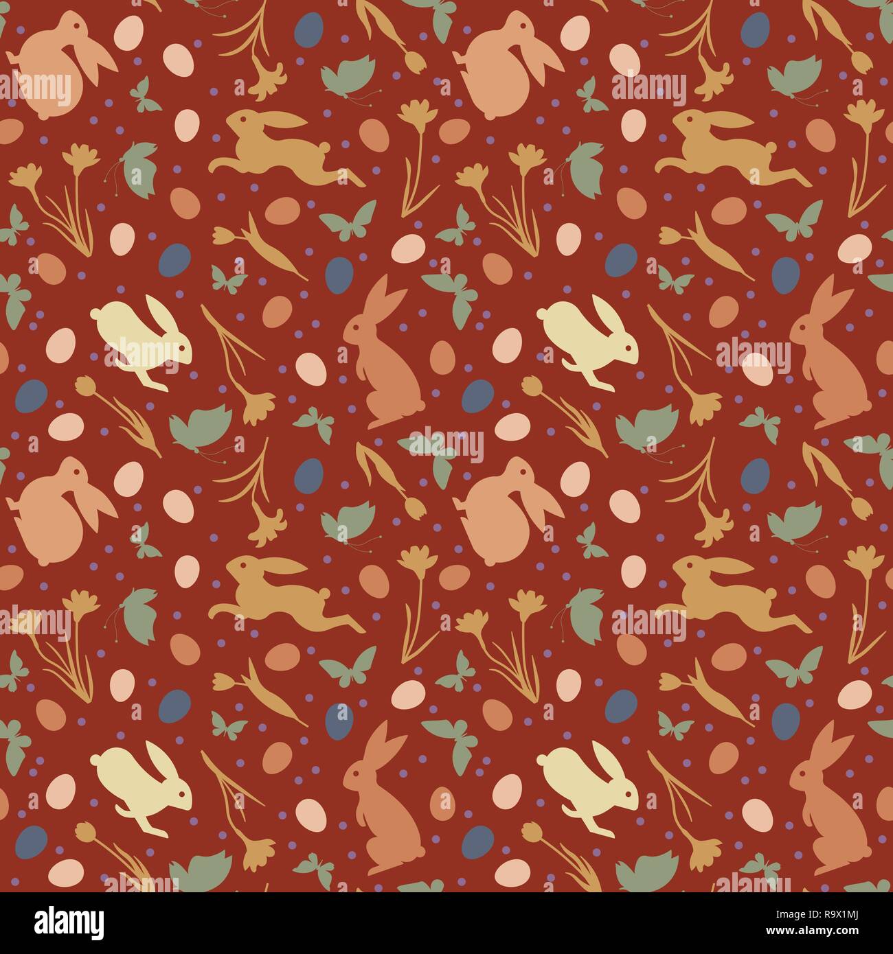 Osterferien nahtlose Vektor Muster mit Hasen, Blumen, Schmetterlinge und Eier auf rotem Hintergrund Stock Vektor