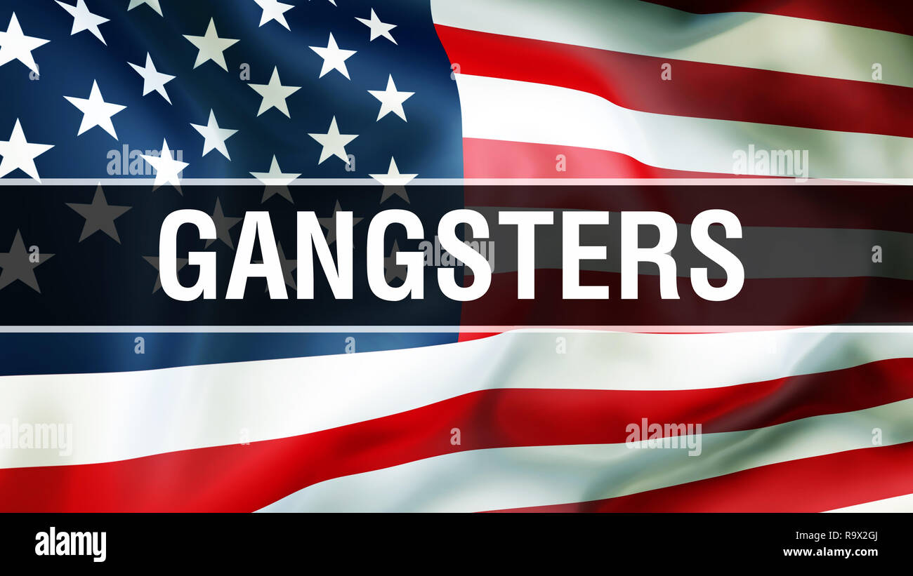 Gangster auf einer USA-Flagge im Hintergrund, 3D-Rendering. Vereinigte Staaten von Amerika Fahne im Wind. Stolz, Amerikanische Fahne Winken, American Gangster con Stockfoto