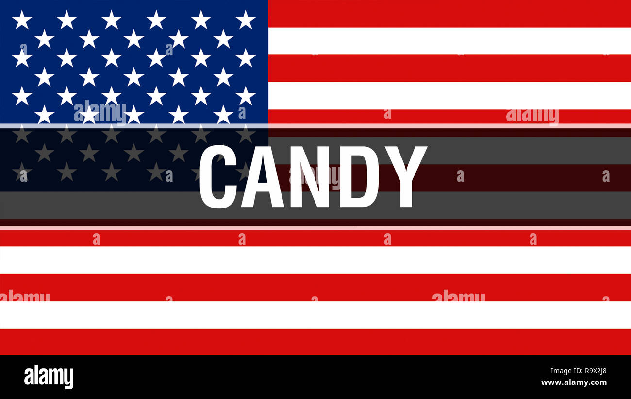 Candy auf eine USA-Flagge im Hintergrund, 3D-Rendering. Vereinigte Staaten von Amerika Fahne im Wind. Stolz, Amerikanische Fahne Winken, American Candy Konzept. Uns Stockfoto