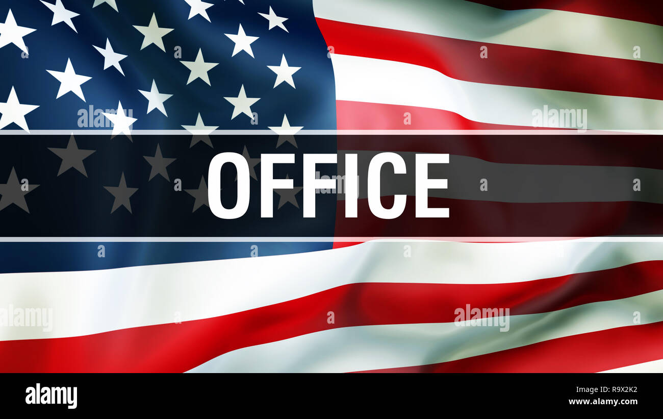 Office auf einem USA-Flagge im Hintergrund, 3D-Rendering. Vereinigte Staaten von Amerika Fahne im Wind. Stolz, Amerikanische Fahne Winken, Amerikanische Bürokonzept. Stockfoto