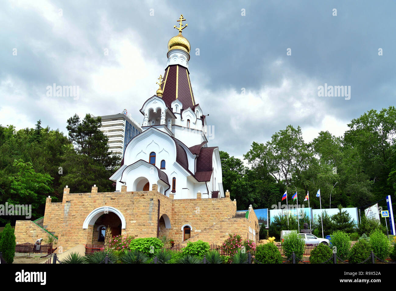 Sochi, Russland - 2. Juni 2018. Tempel des Heiligen gerechten Krieger Fjodor Uschakow Stockfoto