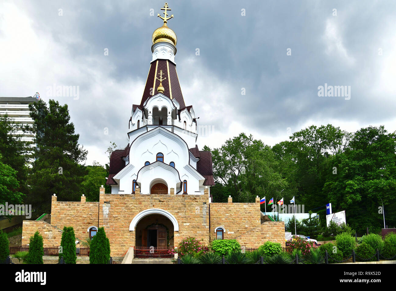 Sochi, Russland - 2. Juni 2018. Tempel des Heiligen gerechten Krieger Fjodor Uschakow Stockfoto