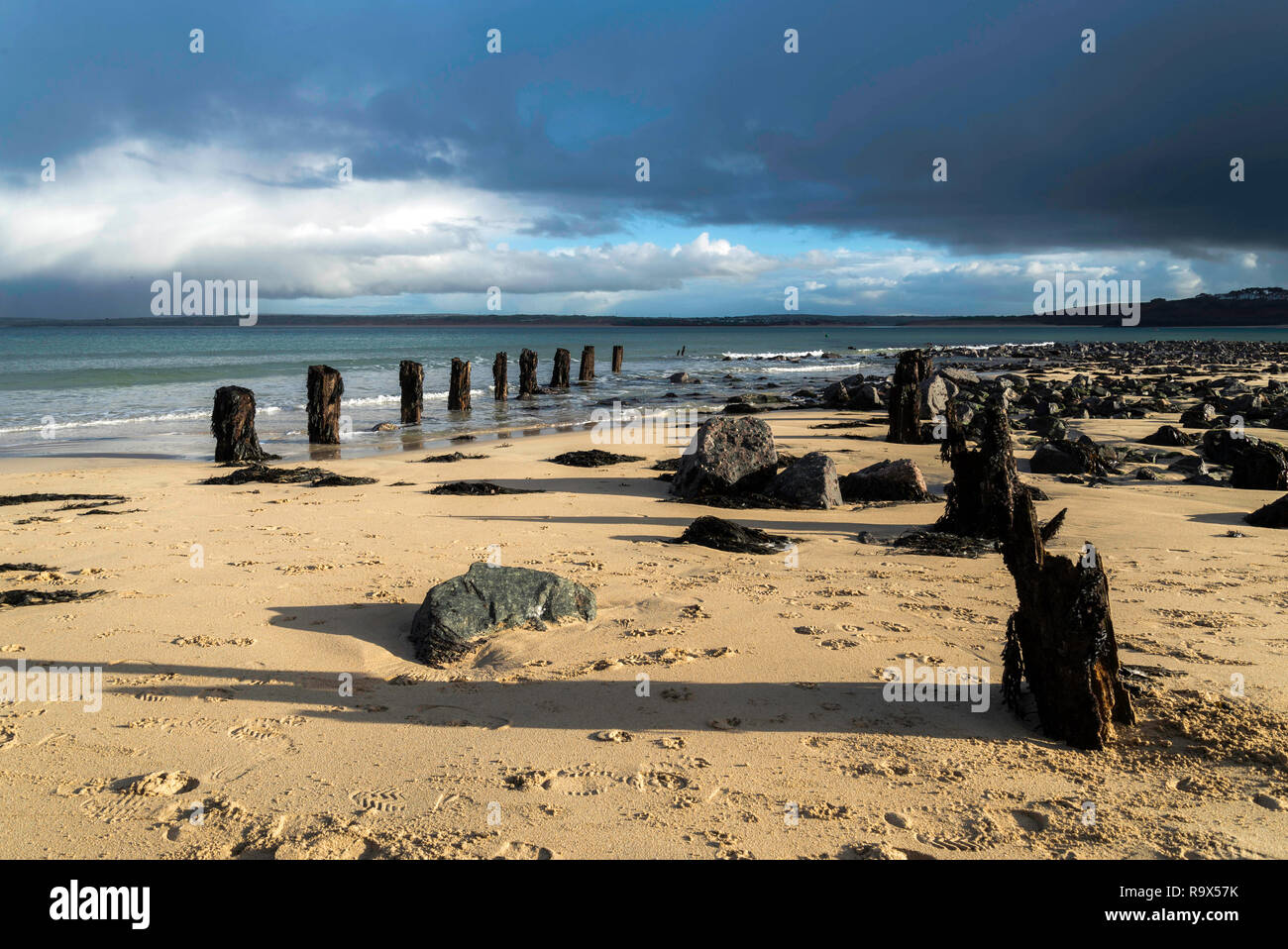 Die alten hölzernen Pfähle der aufgeschlüsselt Pier in St. Ives, Cornwall, Großbritannien Stockfoto