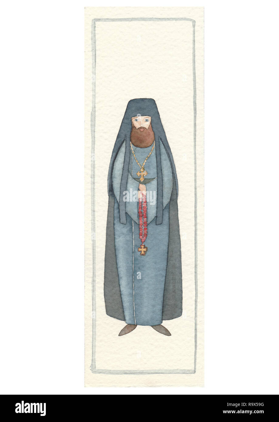 Hand zurück Postkarte mit archimandrit: byzantinische Priester, Aquarell Abbildung gezeichnet Stockfoto