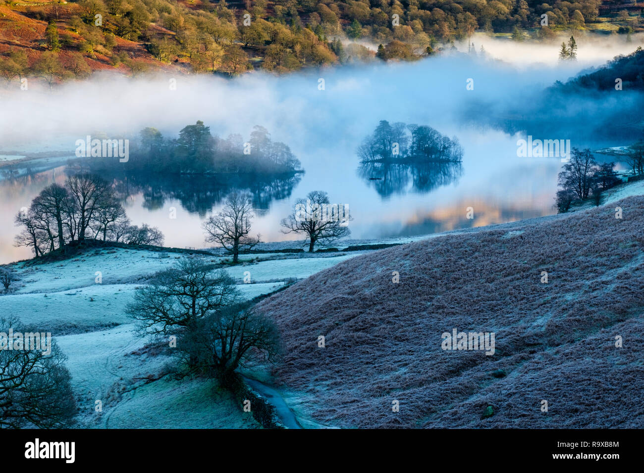 Heron Island und die kleine Insel auf Rydal Wasser in geringen Nebel, in der Nähe von Grasmere, Lake District, Cumbria Stockfoto