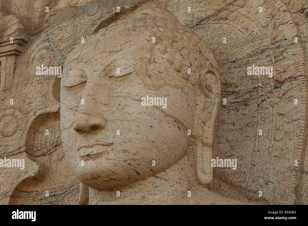 Kopf des Buddha Statue an Gal Vihara, Polonnaruwa, Sri Lanka. Stockfoto