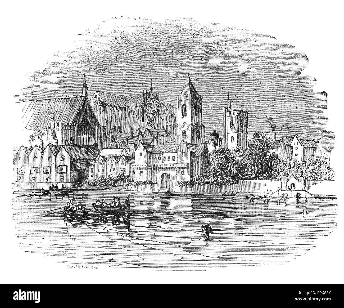 Um 1660 skizziert, von der Themse, der Siedlung, die sich um die Westminster Abbey, der Königspalast aufwuchs, und das Parlament, das als Westminster bekannt zu sein, war Teil der Grafschaft Middlesex und getrennt von der City von London. Stockfoto