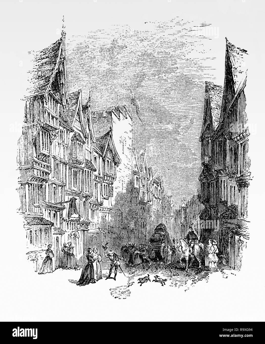 17. Jahrhundert Leben auf der Straße Unter den mittelalterlichen Fachwerkhaus Tudor Gebäude in der Barbican, London, England Stockfoto